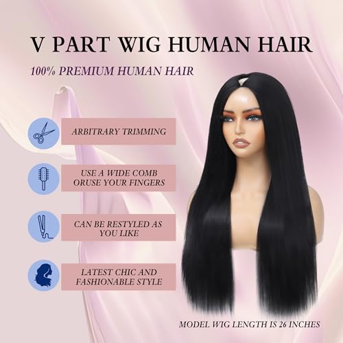 V Part Wig Human Hair Straight Human Hair Wigs Upgrade U Part Human Hair Wig for Women No Leave Out No Sew In 200% Density Natural Color 20 Inch