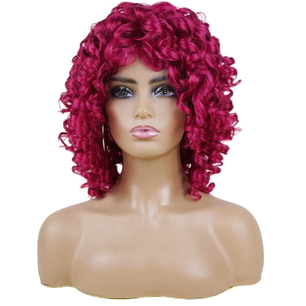 andromeda Hot Pink Wigs for Black Women Soft Short Curly Wig with Bangs Heat Resistant Synthetic Fiber Hair Wigs for African American Black Women(Hot Pink)