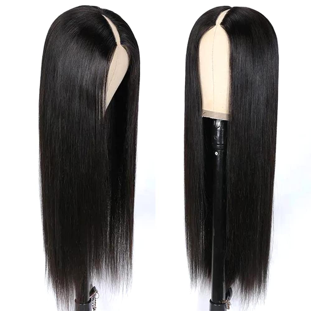 Pobokix Straight V Part Wigs Human Hair Upgrade U Part Human Hair Wigs for Black Women Glueless Clip In Half Wig 180% Density Natural Color (12inch)