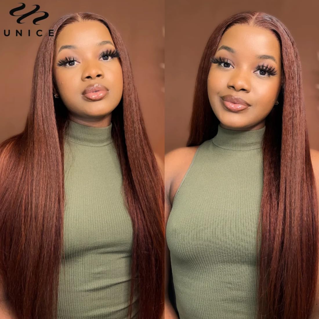 UNICE Bye Bye Knots Glueless Wig Reddish Brown Yaki Straight 7x5 Pre Cut Lace Glueless Wigs Human Hair Pre Plucked Pre Bleached Invisible Knots Human Hair Wig 14 inch