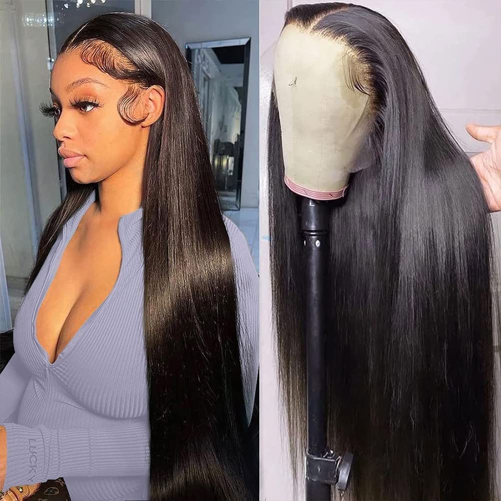 Hermosa 13x4 HD Transparent Lace Front Wigs Human Hair Pre Plucked with Baby Hair 180 Density Brazilian Straight Human Hair Wigs for Black Women Natural Hairline Black Color 24 inch