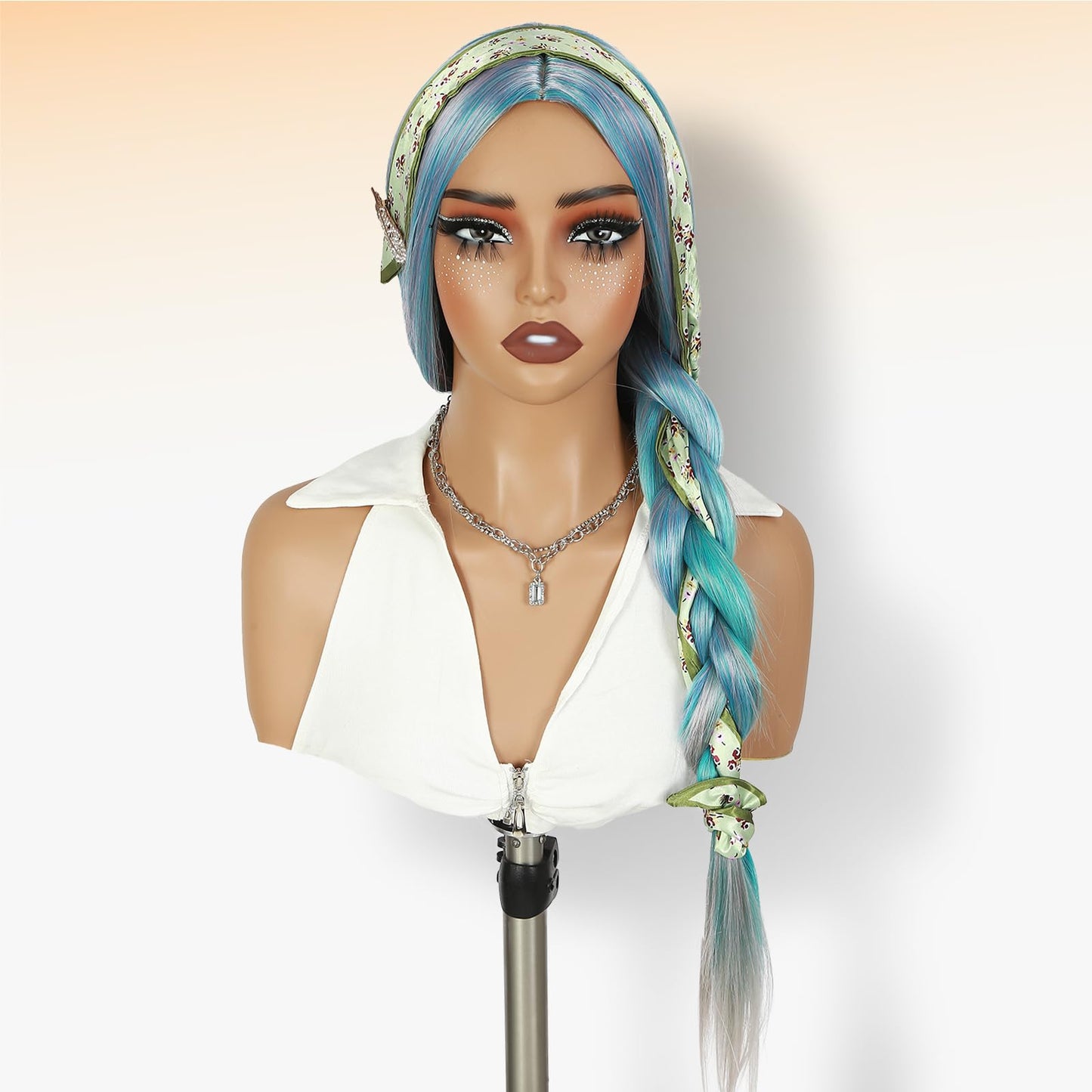 WIGER 28 Inches Long Straight Rainbow Wigs Bluish Green Layered Hair Middle Part Piano Color Wigs Synthetic Mermaid Wig Heat Resistant Costumes Wig for Daily or Party