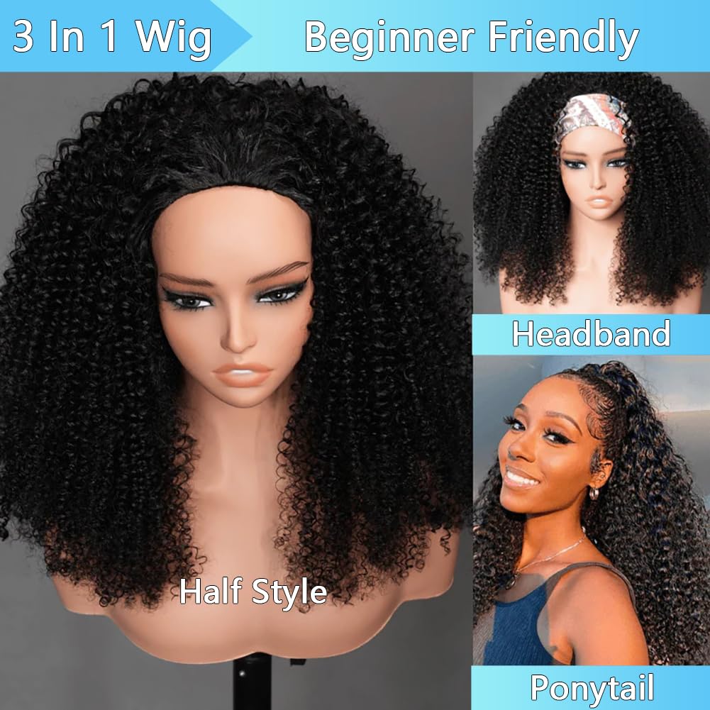QUANDIAN Kinky Curly 3 In 1 Half Wig Human Hair 200% Density Wear Go Glueless Wigs Human Hair for Women 16 Inch Afro Curly Seamless Flip Wig Invisible Hairline Beginner Friendly