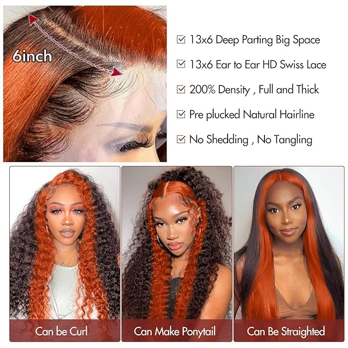 250 Density Curly Lace Front Wigs Human Hair Pre Plucked Hairline Glueless Wig 13x6 HD Lace Frontal Wigs for Women Ginger Orange Colored Ombre Wig Brazilian Virgin Hair 24 Inch