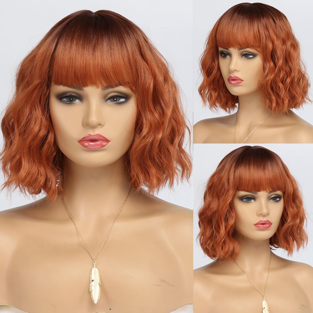 EssionTech Short Copper Red Wigs for Women Fox Red Wig Ombre Red Dark Root Culy Bob Wigs with Bangs Ginger Hair Wig Wavy Synthetic Wigs(12Inches)