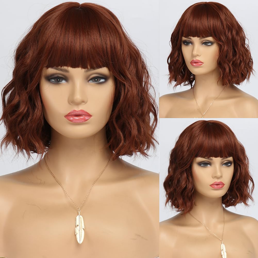 EssionTech Short Auburn Wigs for Women Dark Ginger Wig with Bangs Wigs Natural Looking Curly Hair Medium Length Synthetic Bob Wig Wavy Colorful Wigs(12 Inches)