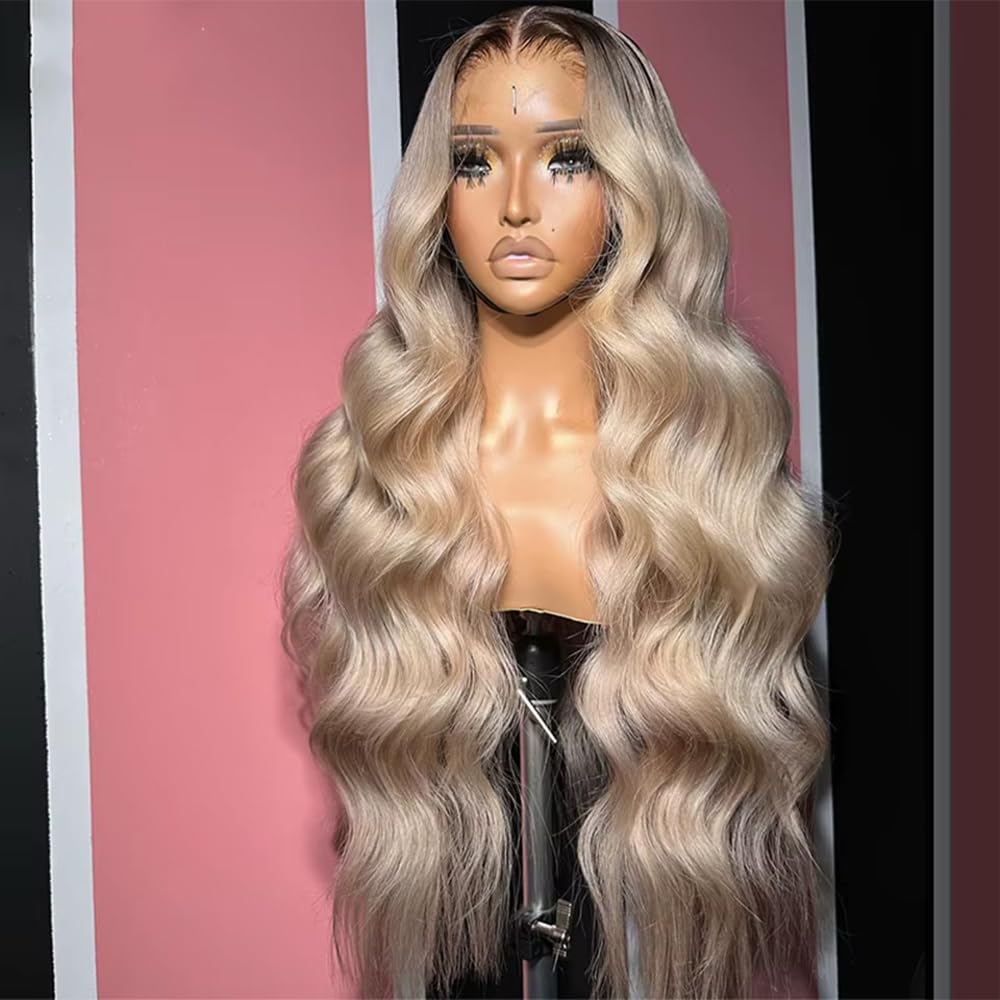 CIYOO Ombre Brown Roots Ash Blonde Wigs Human Hair 200% Density 13x6 Body Wave Hd Thin Lace Front Wig for Women Glueless Ombre Blonde Colored Human Hair Wigs Pre Plucked 30 Inch