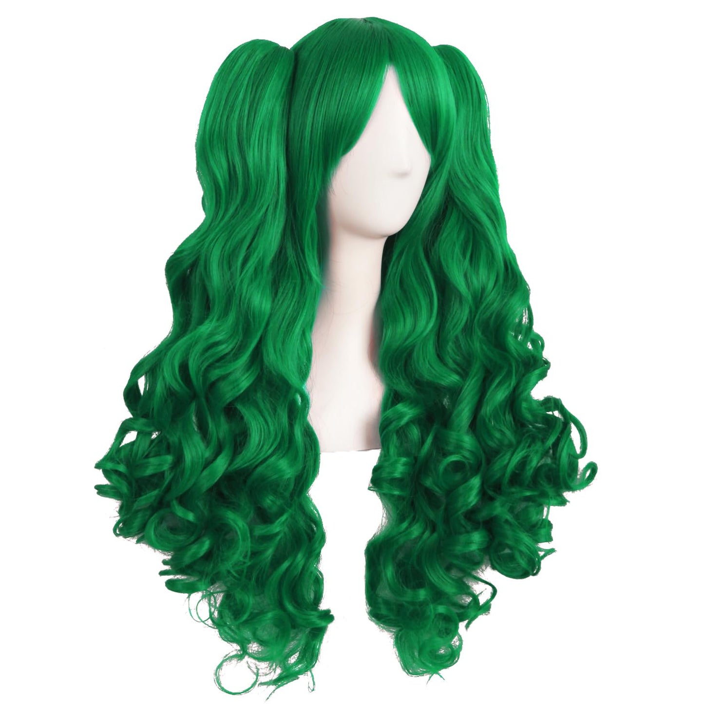 MapofBeauty 28 Inch/70 cm Lolita Long Curly 2 Ponytails Clip on Cosplay Wig (Grass Green)