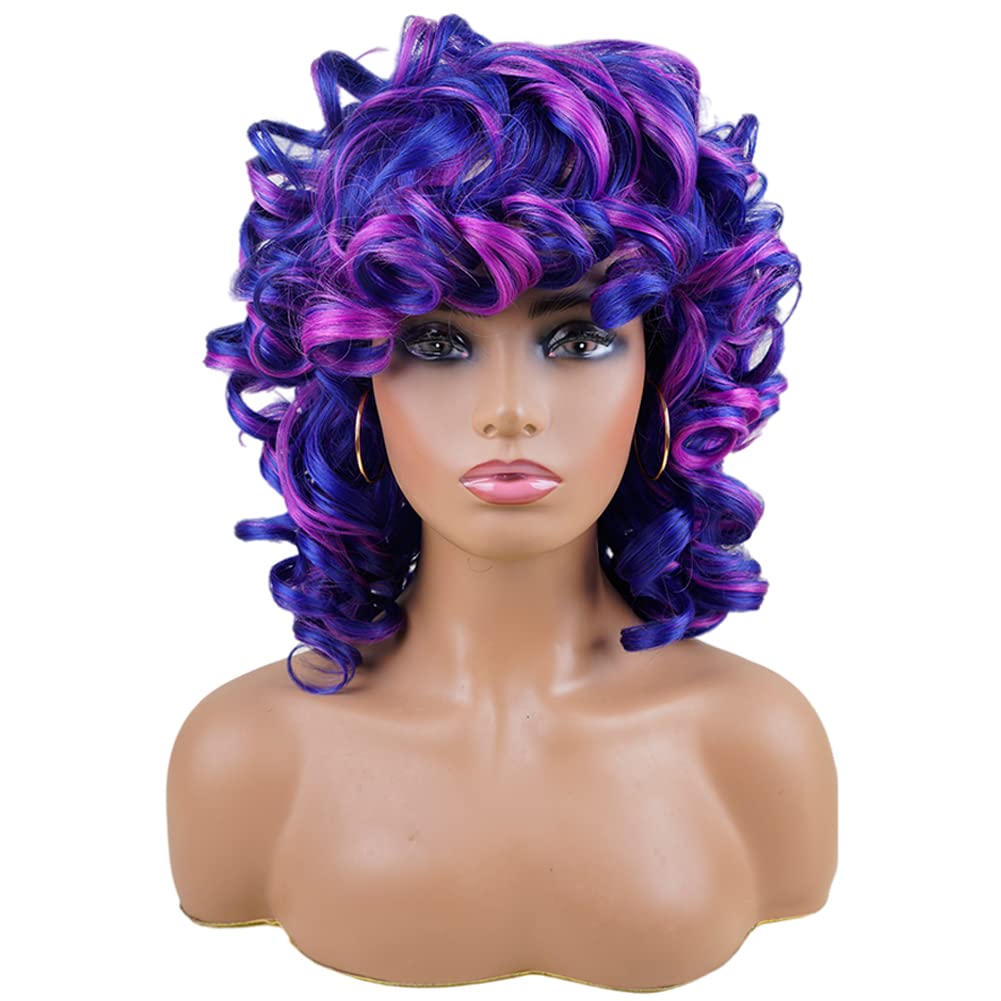 andromeda Short Curly Wigs for Black Women Soft Mixed Blue Purple Big Curly Wig with Bangs Cute Loose Curly Cosplay Party Daily Synthetic Wig for African American Women(Mixed Blue Purple)