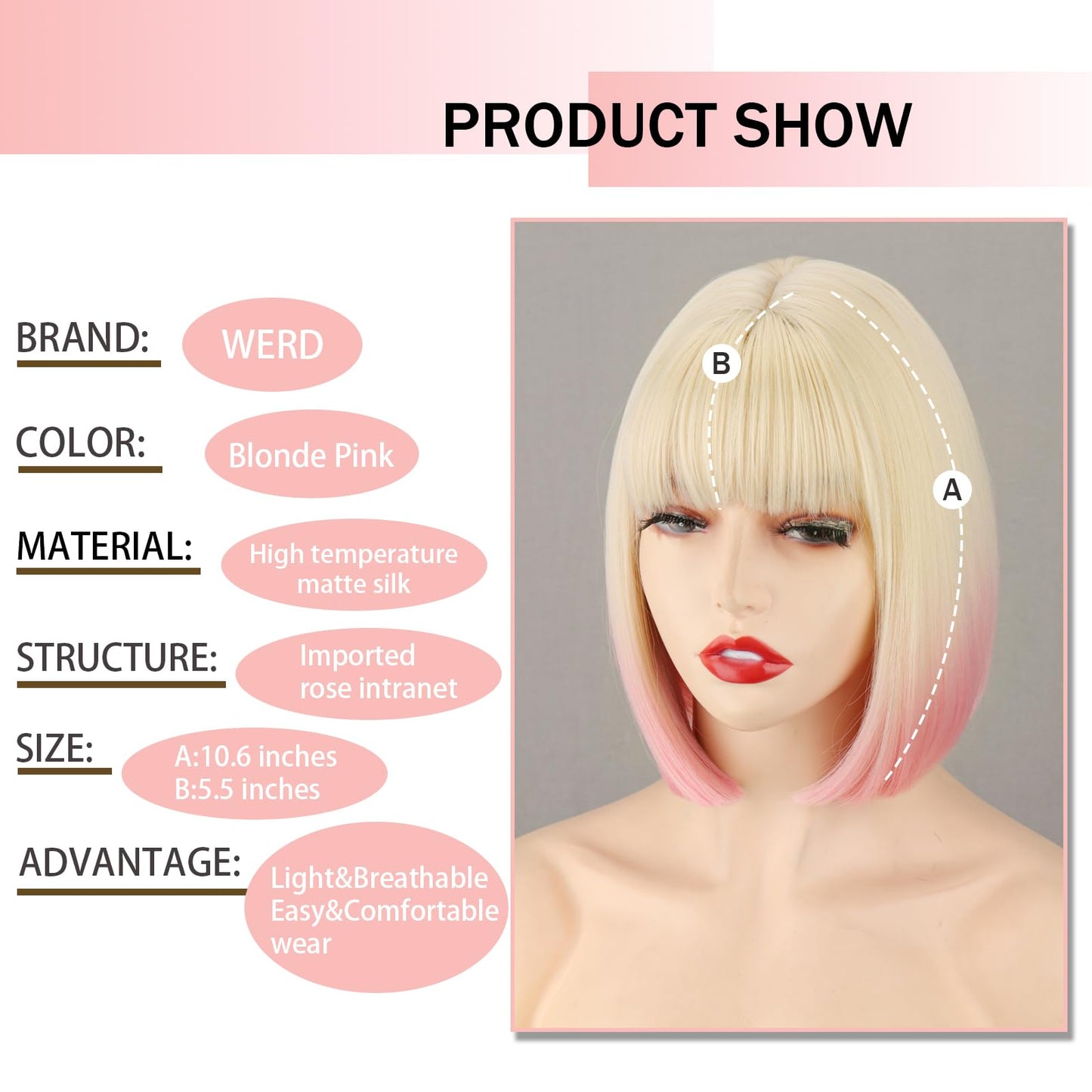 WERD Short Blonde Pink Bob Wig for Women Ombre Wig With Bangs Synthetic Straight Blonde mixed Pink Bob Hair for Daily Party Cosplay
