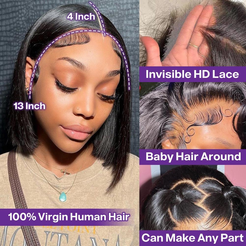 HIRIREMY Bob Wig Human Hair 13x4 HD Lace Frontal Short Straight Lace Front Bob Wigs for Black Women Human Hair Pre Plucked Glueless Side Part 180% Density Black Color 10 Inch