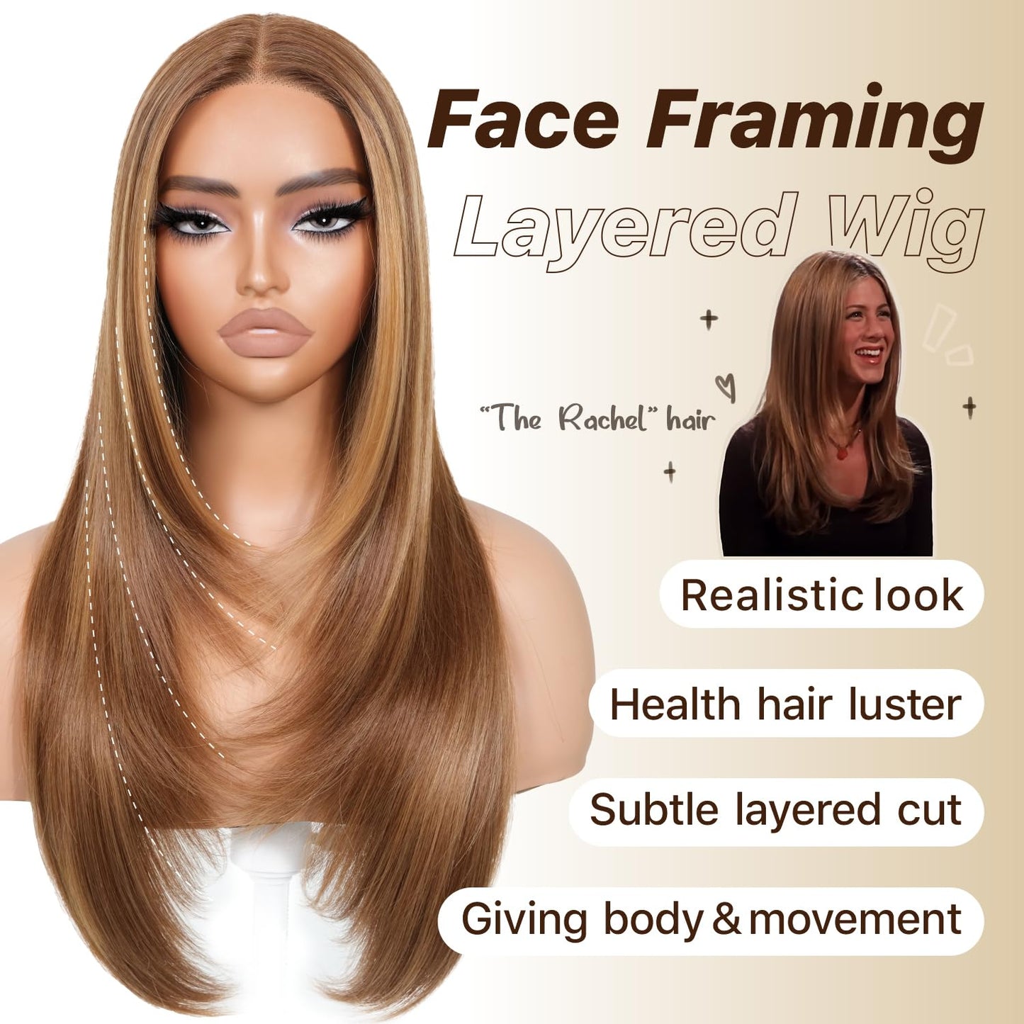 BrownBomb Wear and Go Glueless Wigs Pre Plucked Pre Cut for Beginners Honey Blonde Synthetic Lace Front Wigs For Woman Long layered straight Wigs with bangs 427 middle part wig 26 Inch