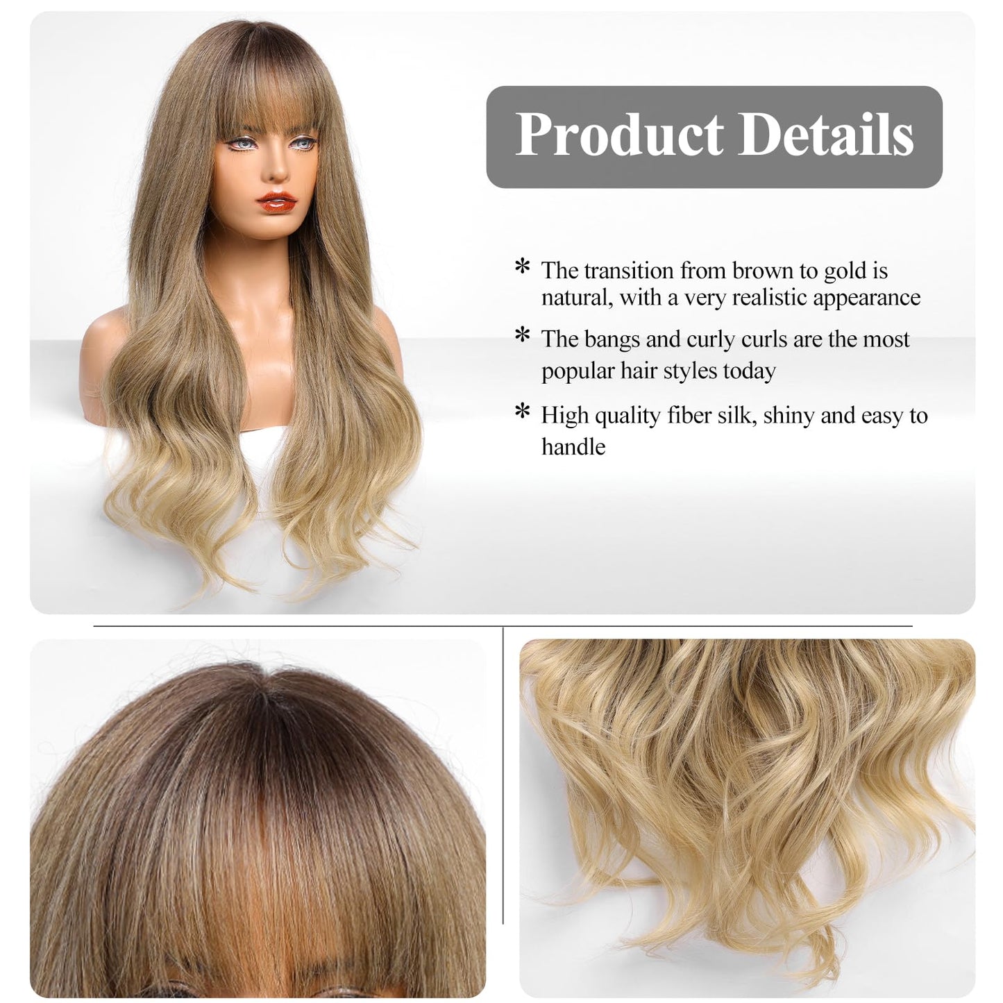 HAIRCUBE Brown to Blonde Wig with Bangs for Women Brown and Blonde Long Wavy Hair Wig Curly Wavy Synthetic Wigs for Girls Daily Party Use