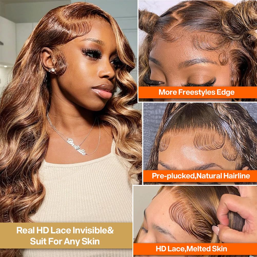 Yamikk 4/27 Highlight Honey Blonde Lace Front Wigs Human Hair Pre Plucked 180 Density 13x5 Ombre Colored Body Wave Hd Lace Frontal Human Hair Wig 22 Inch