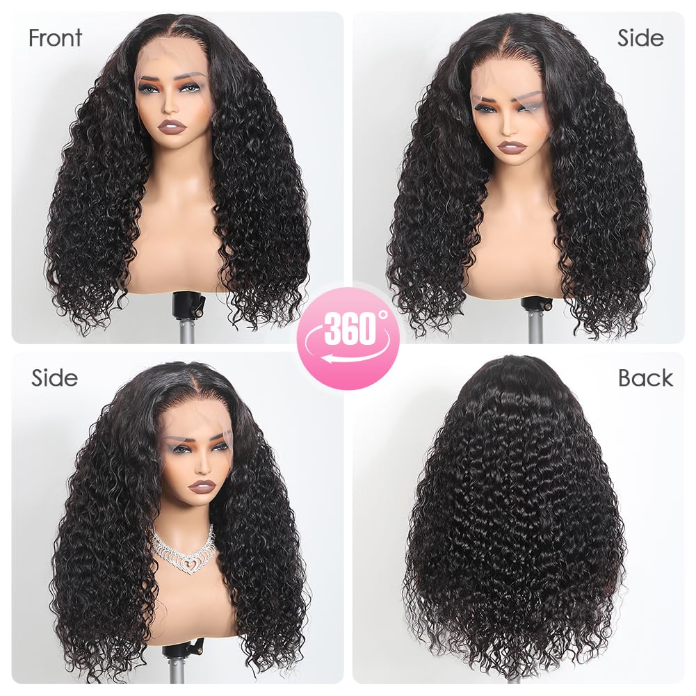 Ebarly Hidden Strap Water Wave 360 Glueless Wigs Human Hair Pre Plucked 180 Density Wet and Wavy HD Full Lace Frontal Drawstring Wig with baby hair (18 inch)