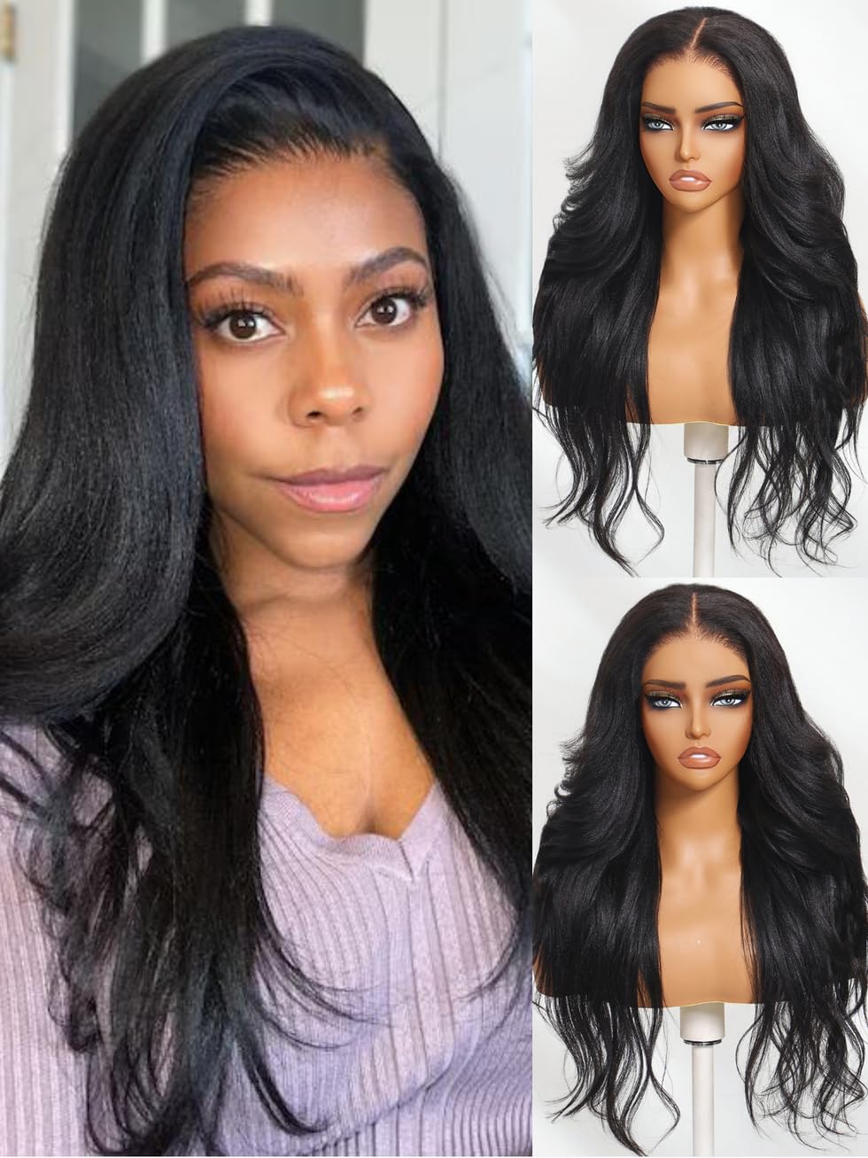 UNICE Bye Bye Knots Glueless 7X5 Pre Cut Lace Front Wig Yaki Wavy Flip Out Bang Curl Wig Put on and Go Human Hair Wigs Pre Plucked Bleached Knots Natural Hairline 150% Density 20 Inch