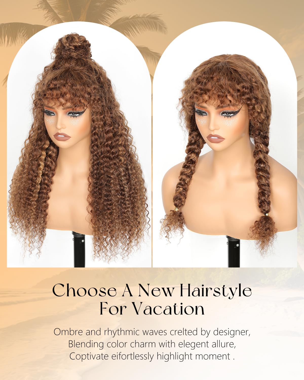 JuneMet Ombre Highlight Human Hair Wig with Bangs 2x4 HD Lace Front Closure Wear and Go Glueless Wigs with Bangs Curly Water Wave 4/27 Honey Blonde Brown Colored Human Hair for Black Women 16 Inch