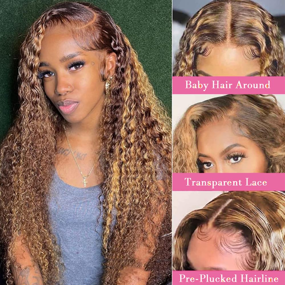 Chesma Honey Blonde 4/27 Ombre Lace Front Wig Human Hair 13x4 HD Highlight Deep Wave Lace Frontal Wigs Glueless Wigs Human Hair Pre Plucked with Baby Hair 180 Density(24inch)