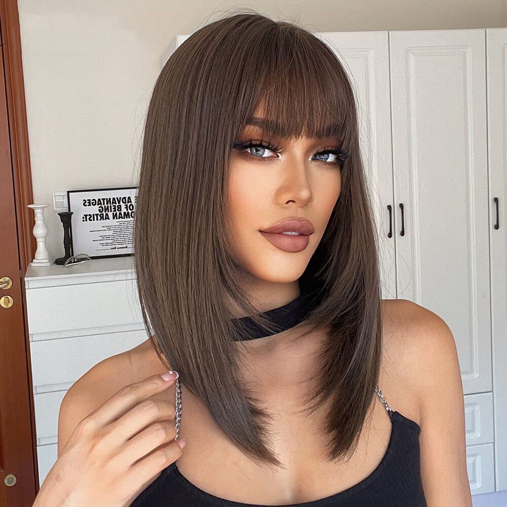 Alanhair Brown Wigs for Women,HAIRCUBE Medium Length Layered Wigs with Bangs Heat Resistant Synthetic Wigs for Daily Party Use