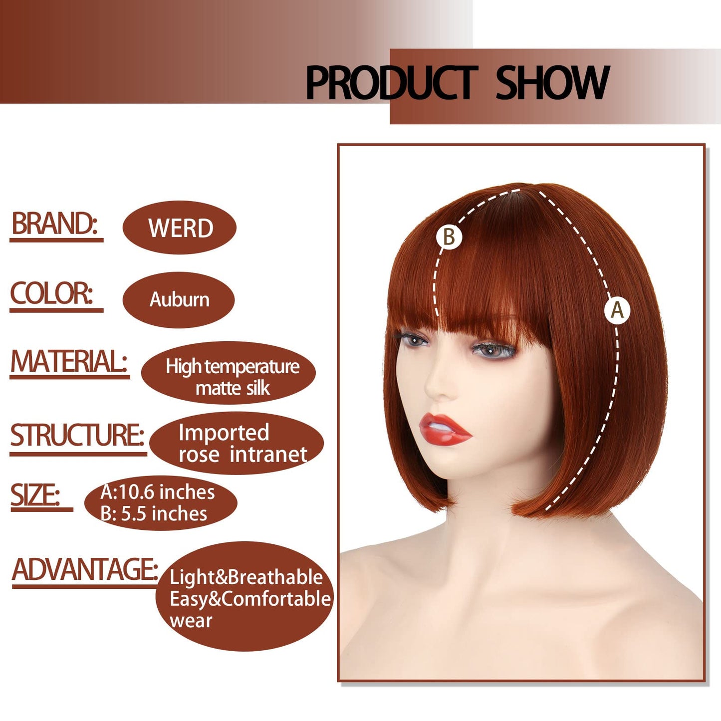 WERD Auburn Red Wig Bangs, Short Red Bob Wig for Women, Auburn Bob with Bangs for Daily Party Cosplay