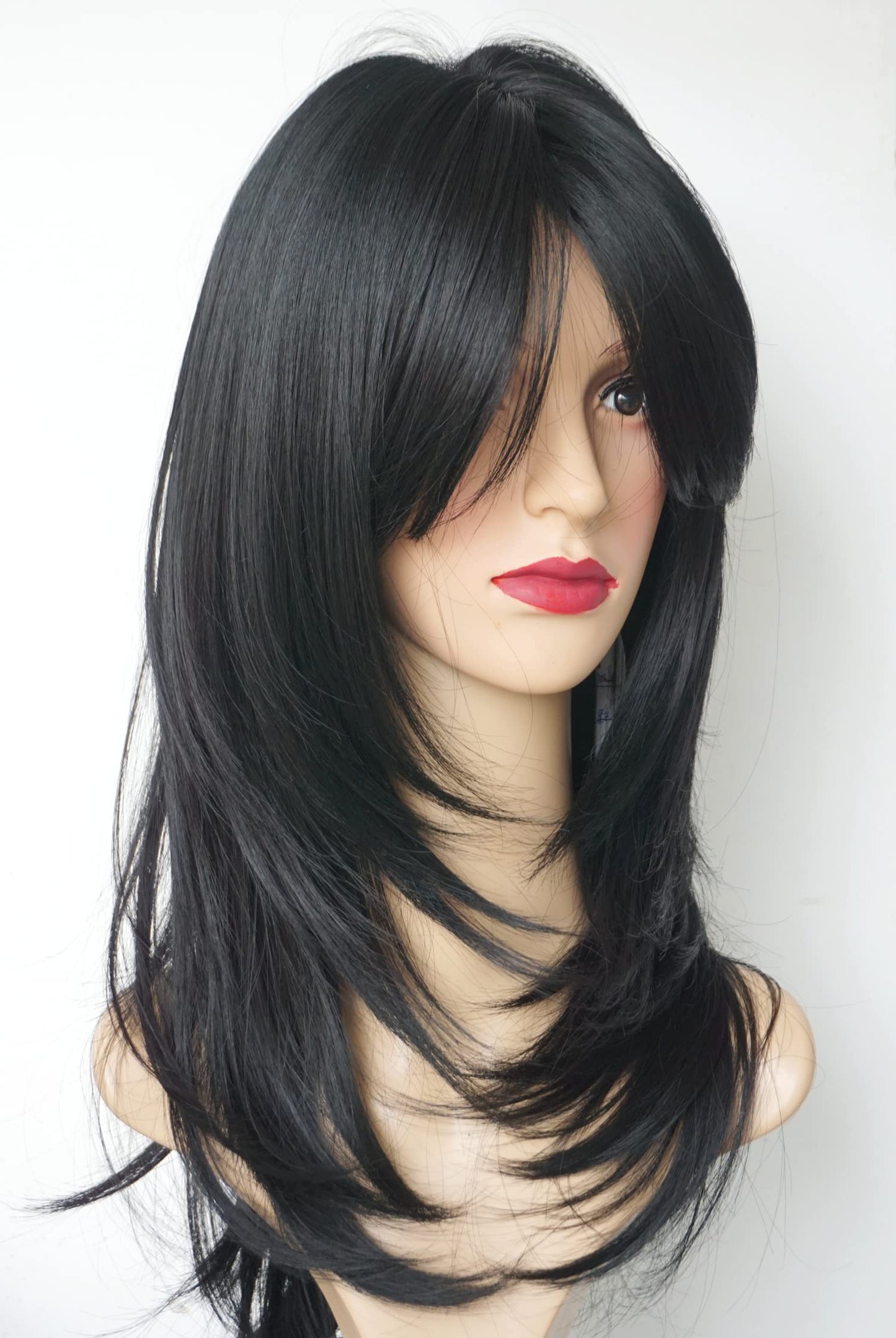 Black wig with bangs Layered Wigs for white Women black hair wig Synthetic Wigs Flow out Curl for White Women (Black)