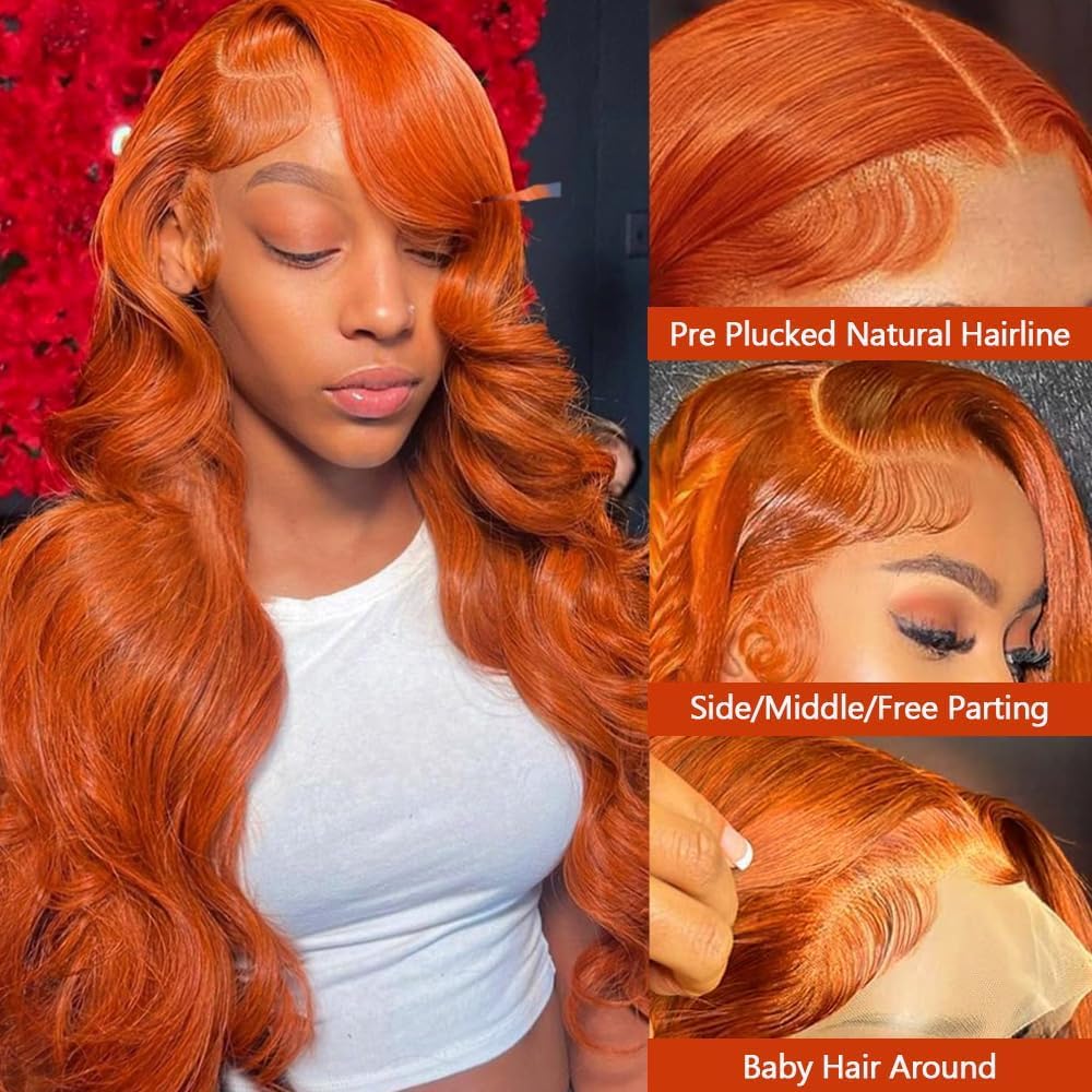 26 Inch 13x6 Ginger Lace Front Wigs Human Hair Body Wave Lace Frontal Wig 13x6 HD Lace Front Wigs Pre Plucked Human Hair Wigs For Black Women Ginger Orange 350# Colored Glueless Wigs