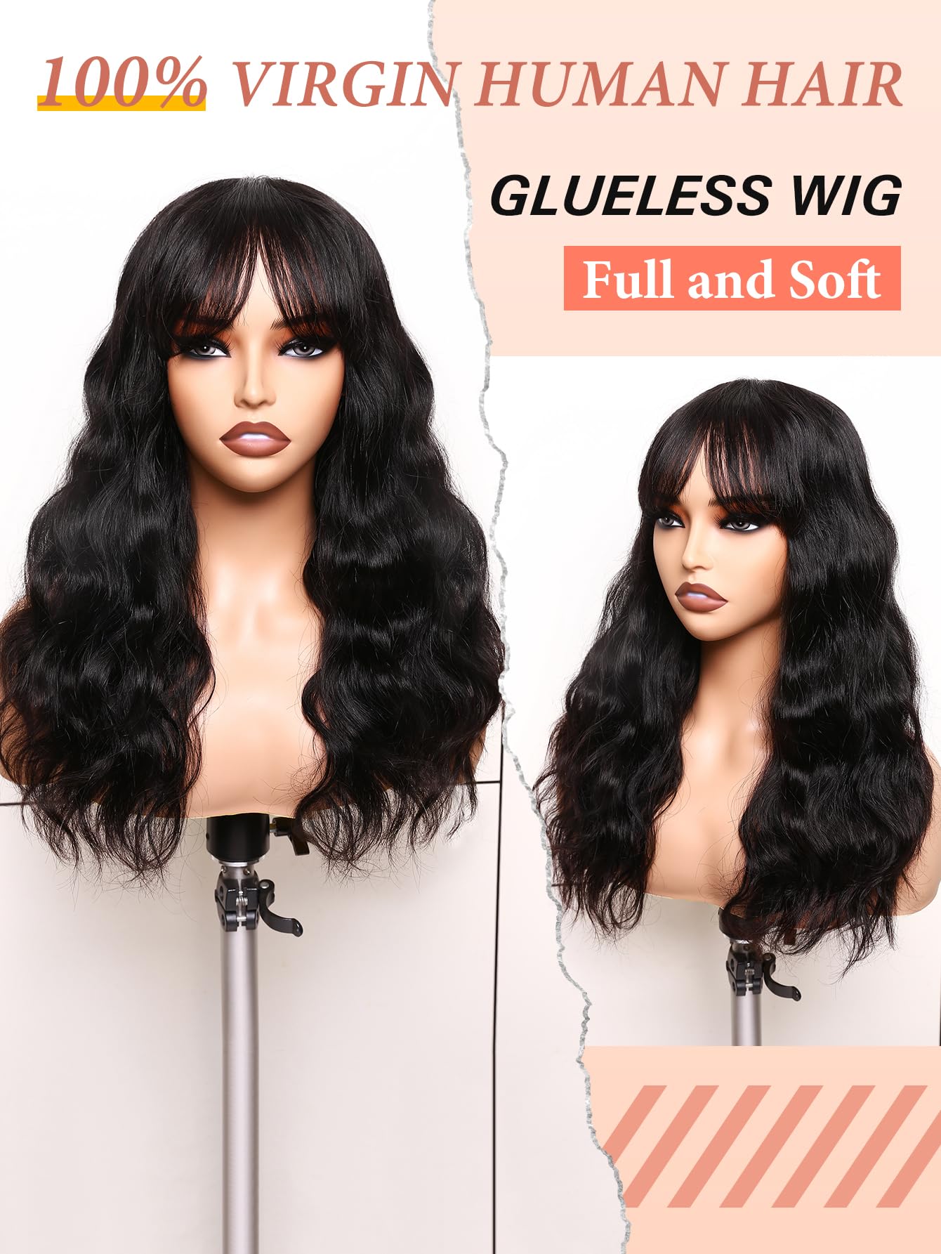WIGNEE Natural Wave Wigs with Bangs 100% Brazilian Human Hair Wave Wigs Natural Black (18 Inch 1B)