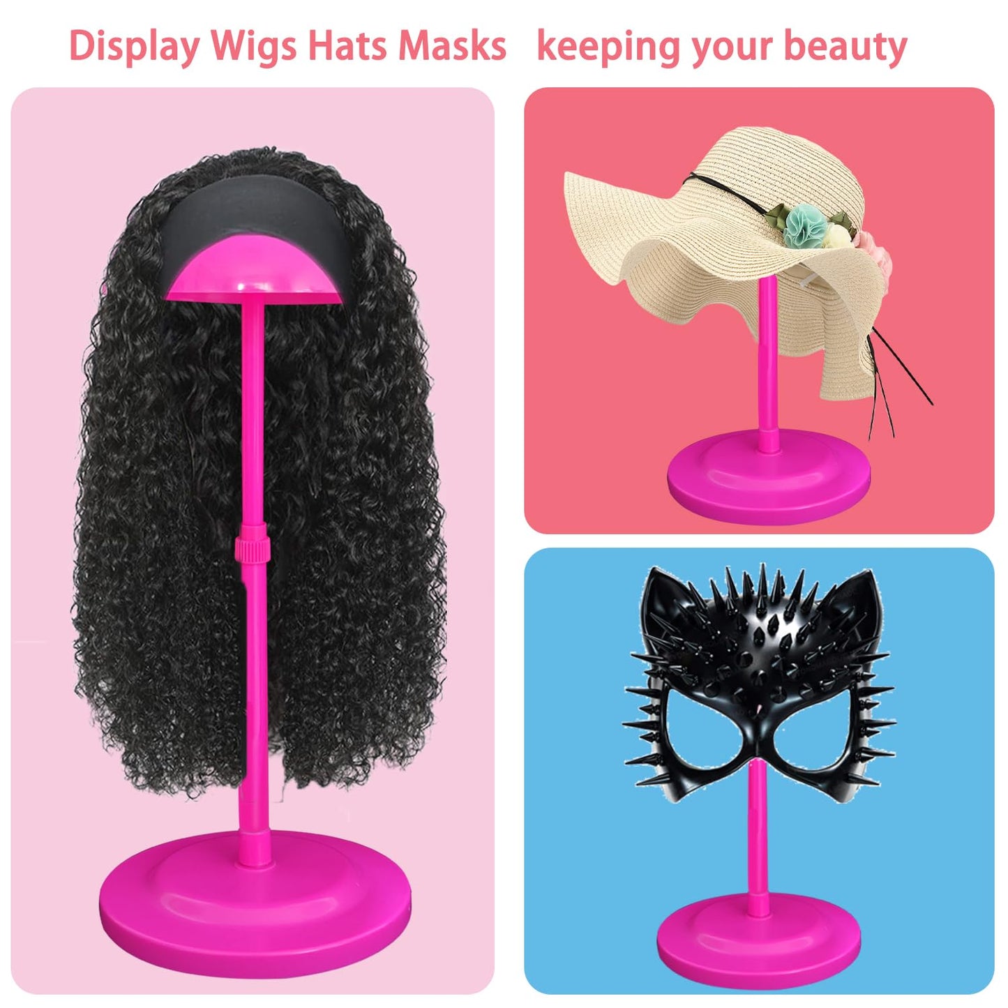 Wig Stand 1PC Adjustable Height Pink Plastic Wig Head Stand Portable Wig Holder Stands Non-Slip Wig Head Holders Sturdy for Multiple Wigs and Hats Styling Drying Display
