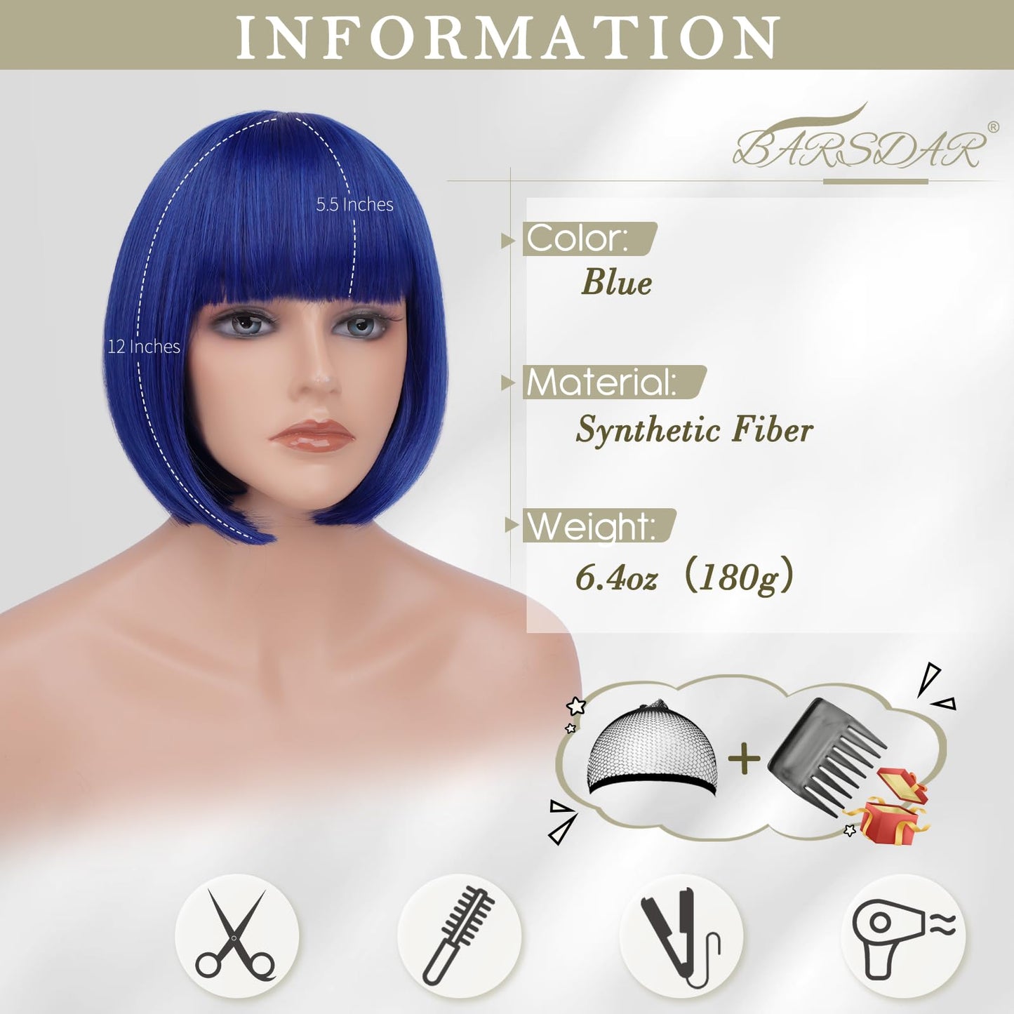 BARSDAR Blue Short Bob Wig With Bangs - Short Blue Bob Wig With Bangs for Women - 12 Inch Chin-Length Natural Looking Soft Synthetic Hair Replacement Party Halloween Sadness Costume Wigs