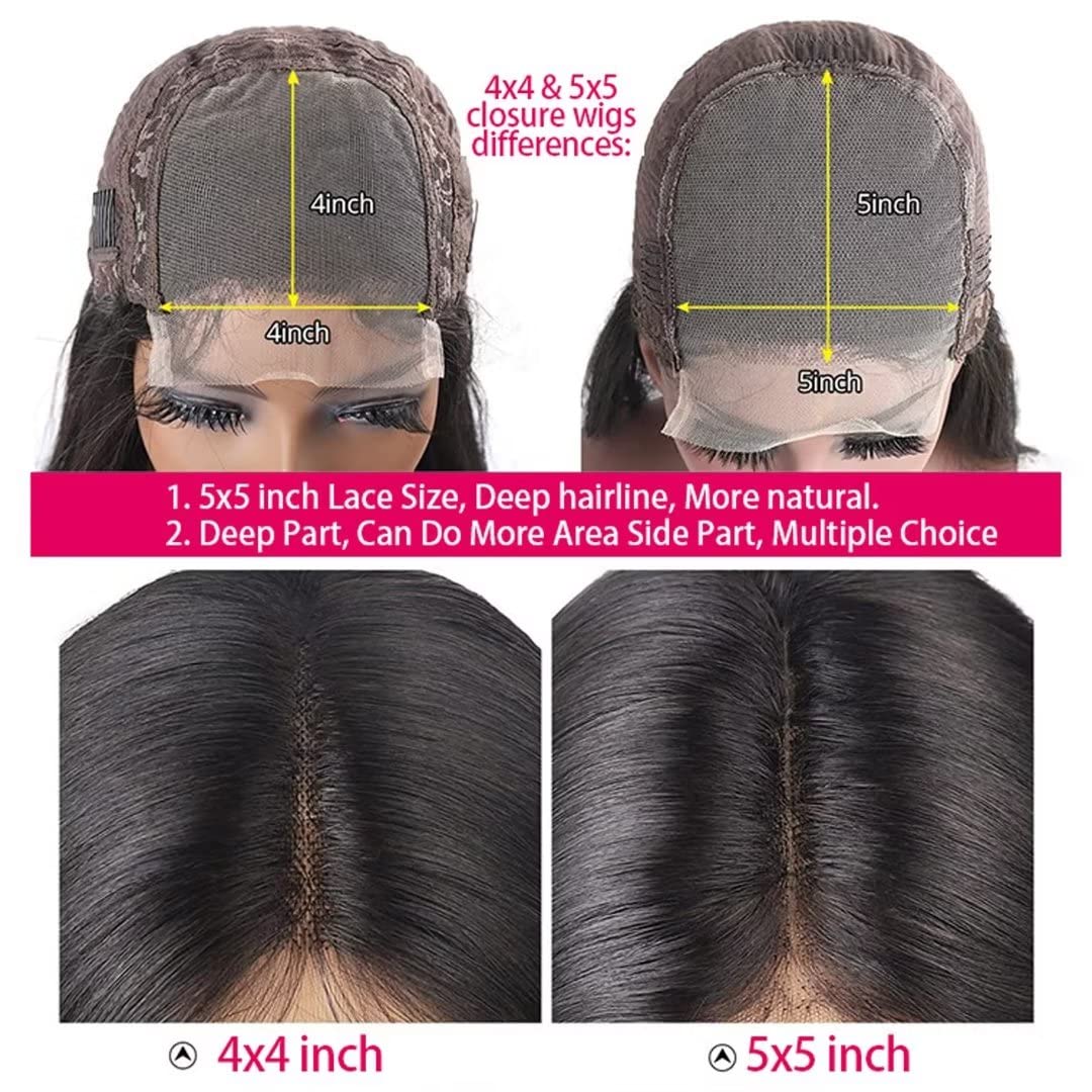 Daules 5x5 Deep Wave Lace Closure Wigs 5x5 HD Lace Closure Wigs Human Hair for Women 5x5 Transparent Lace Front Wigs Pre Plucked with Baby Hair Super Soft Free Part 180 Density Natural Black 28 inch
