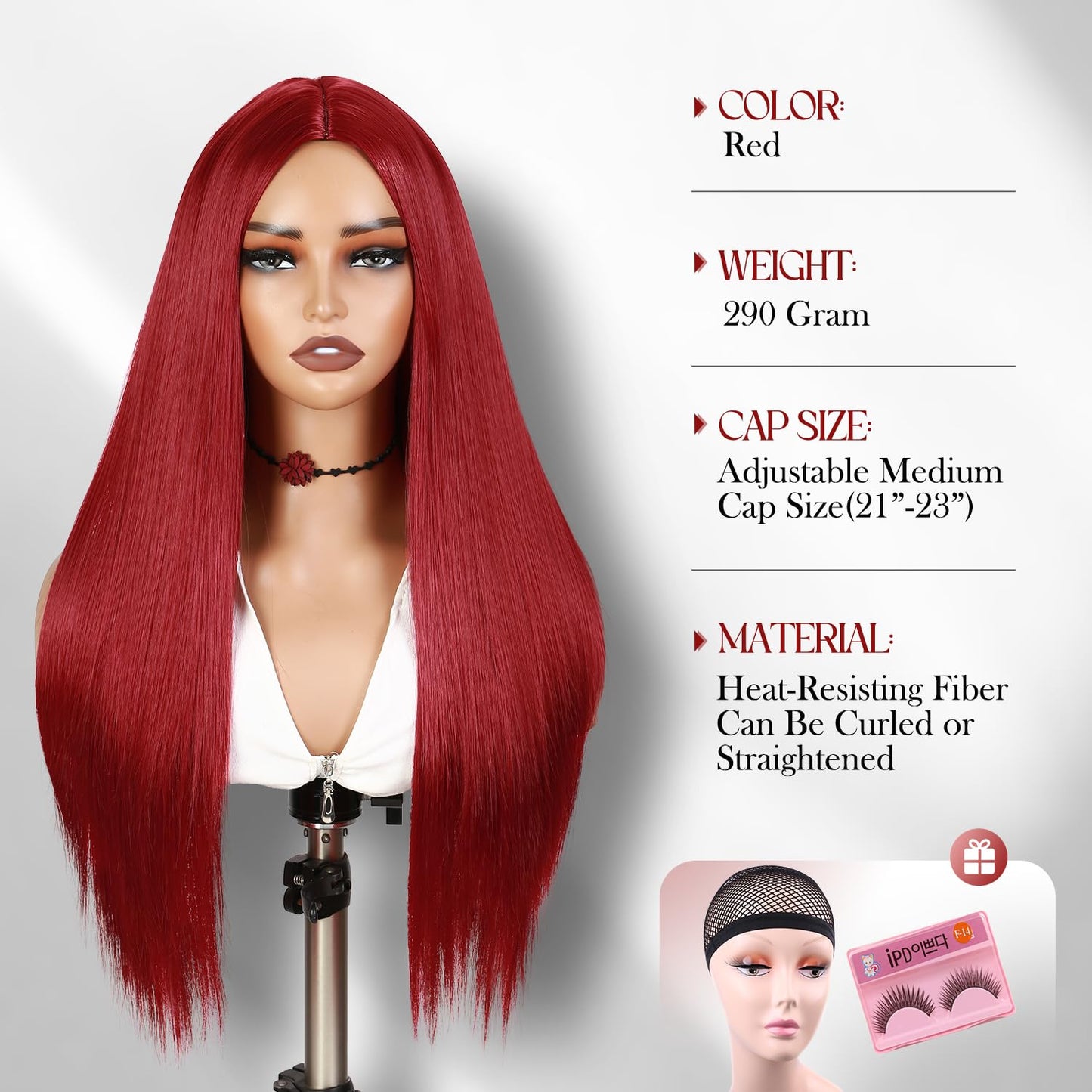 WIGER Red Wigs For Women Long Straight Red Hair Wig Middle Part Synthetic Colored Mermaid Cosplay Wig No Lace Nature Looking Girls Red Costume Full Wigs
