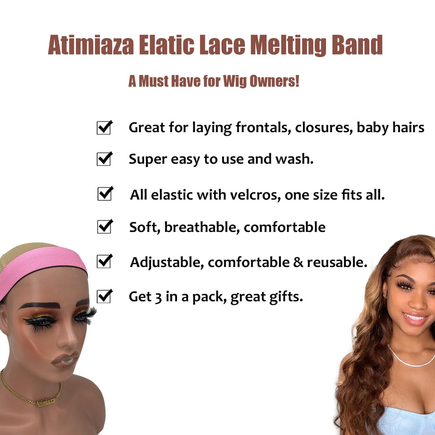 Atimiaza 3 Pcs Elastic Lace Melting Bands for Wigs, Lace Front Edge Wrap to Lay Edges (Pink+Bow Tie+Black (Pack of 3))