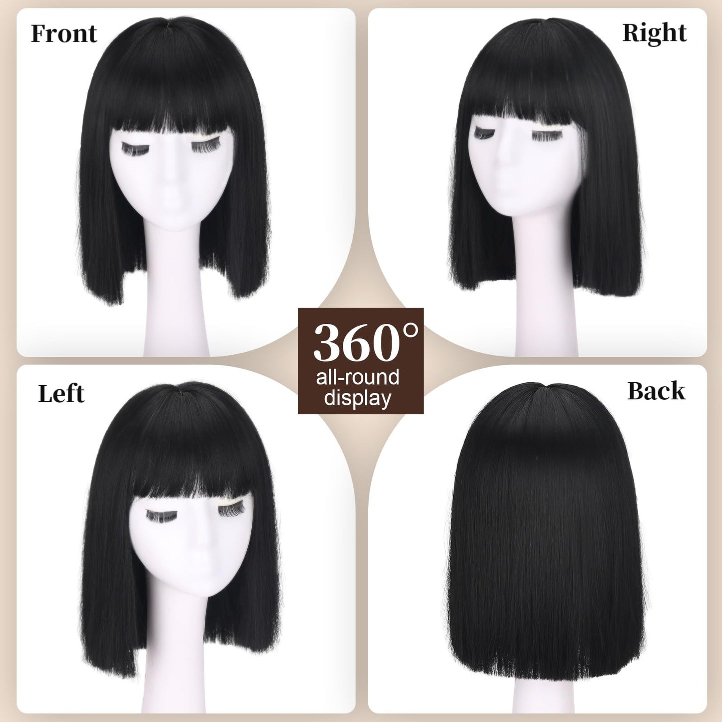 Short Black Straight Wig with Bangs Black Wigs for Women Bob Shoulder Length Wigs Heat Resistant Fiber Synthetic Hair Wigs Hair Replacement Natural Looking(12INCH)