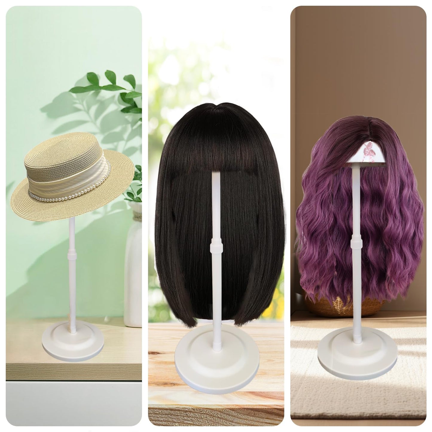 Wig Stand White 1PC Adjustable Height Portable Wig Holder Stands Non-Slip Wig Head Holders Sturdy Plastic Wig Head Stand for Multiple Wigs and Hats Styling Drying Display