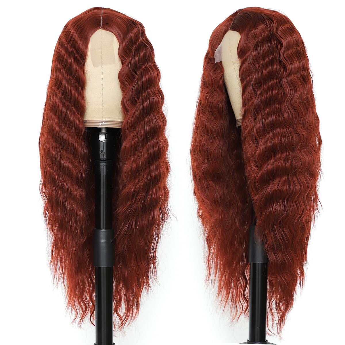 INSTASTYLE 30inch Curly Wig Long Synthetic Wigs for Black Women Ginger Red Deep Wave Synthetic Curly Wig Lace Front with 4" Simulated Scalp Natural Crimps Curls Hair Replacement Wig,350#