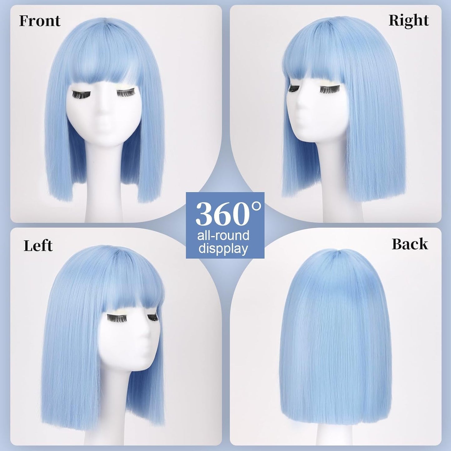 Light Blue Bob Wig with Bangs Short Straight Blue Wig for Women Shoulder Length Wigs Colorful Synthetic Wig for Daily Use Party Cosplay(12Inch)