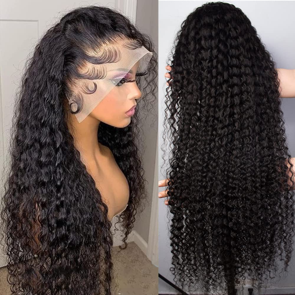 GIESWY 30 Inch Deep Wave Lace Front Wigs Human Hair 180% Density 13x4 HD Transparent Lace Frontal Wigs for Women Curly Glueless Wigs Human Hair Pre Plucked with Baby Hair (30inch,Natural Black)
