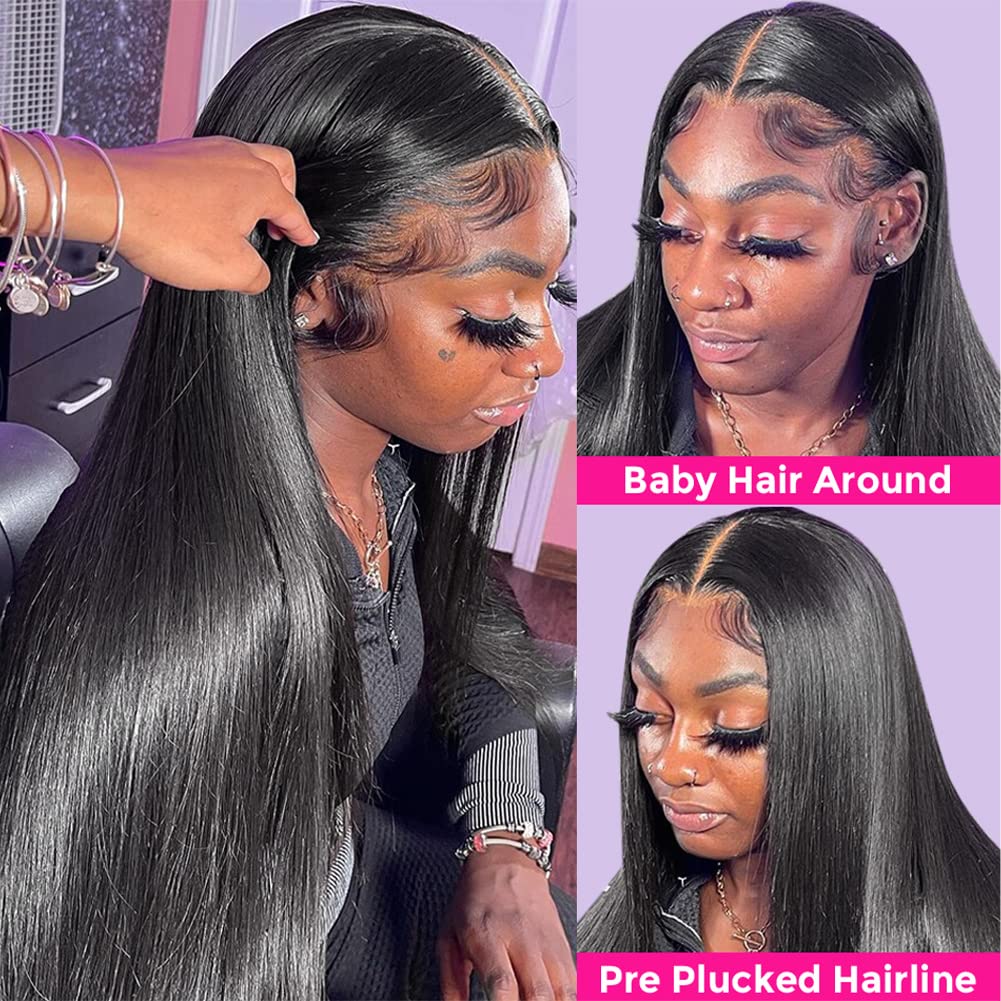 Hermosa 13x4 HD Lace Front Wigs Human Hair Pre Plucked with Baby Hair 180 Density Transparent 10A Remy Brazilian Straight Lace Frontal Human Hair Wigs for Black Women 16inch