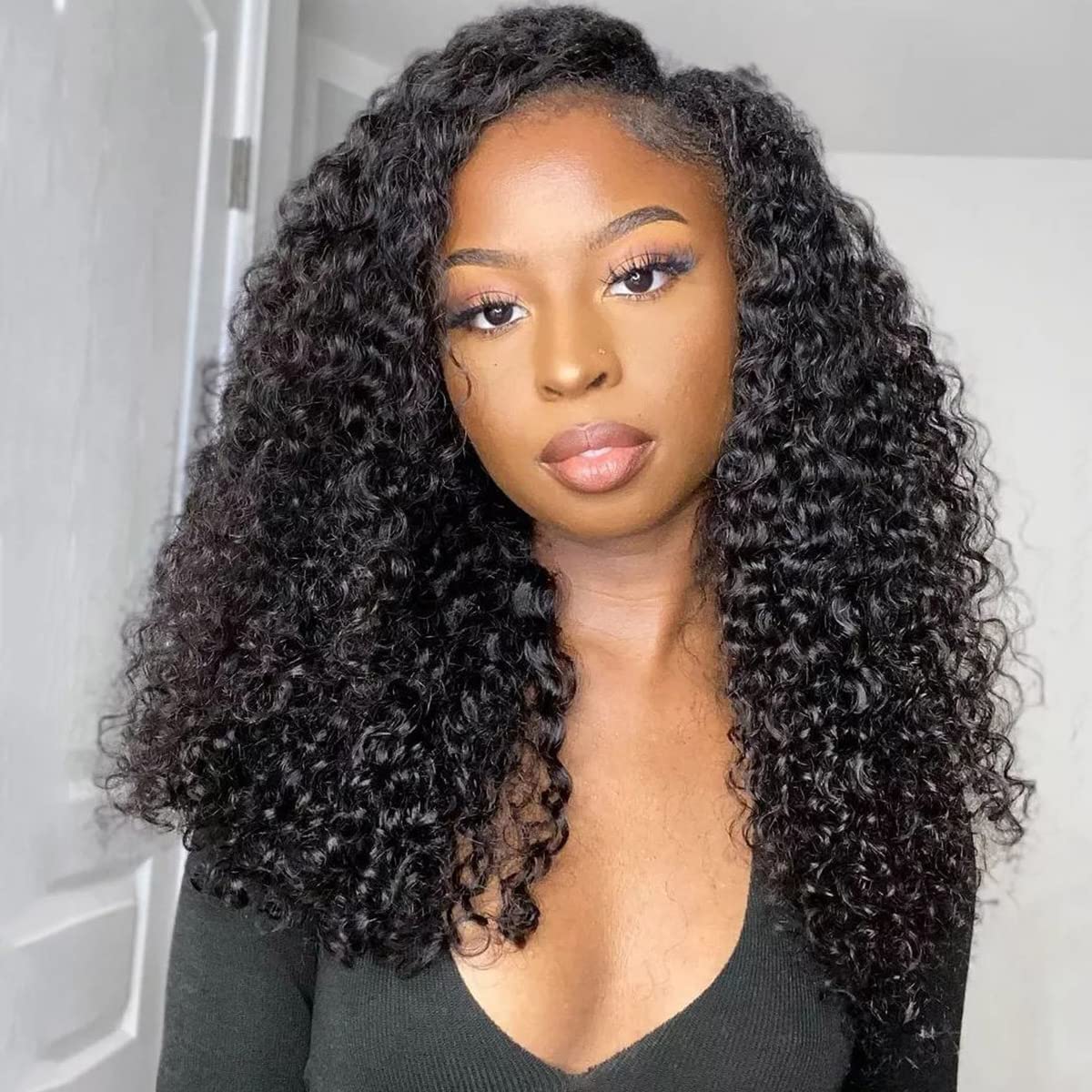 ISEE V Part Human Hair Kinky Curly Minimal/No Leave Out Upgrade U Part Wig for Black Women V Shape Kinky Curly Thin Part Glueless Clip In Half Wig 180% Density Natural Color 14 Inch
