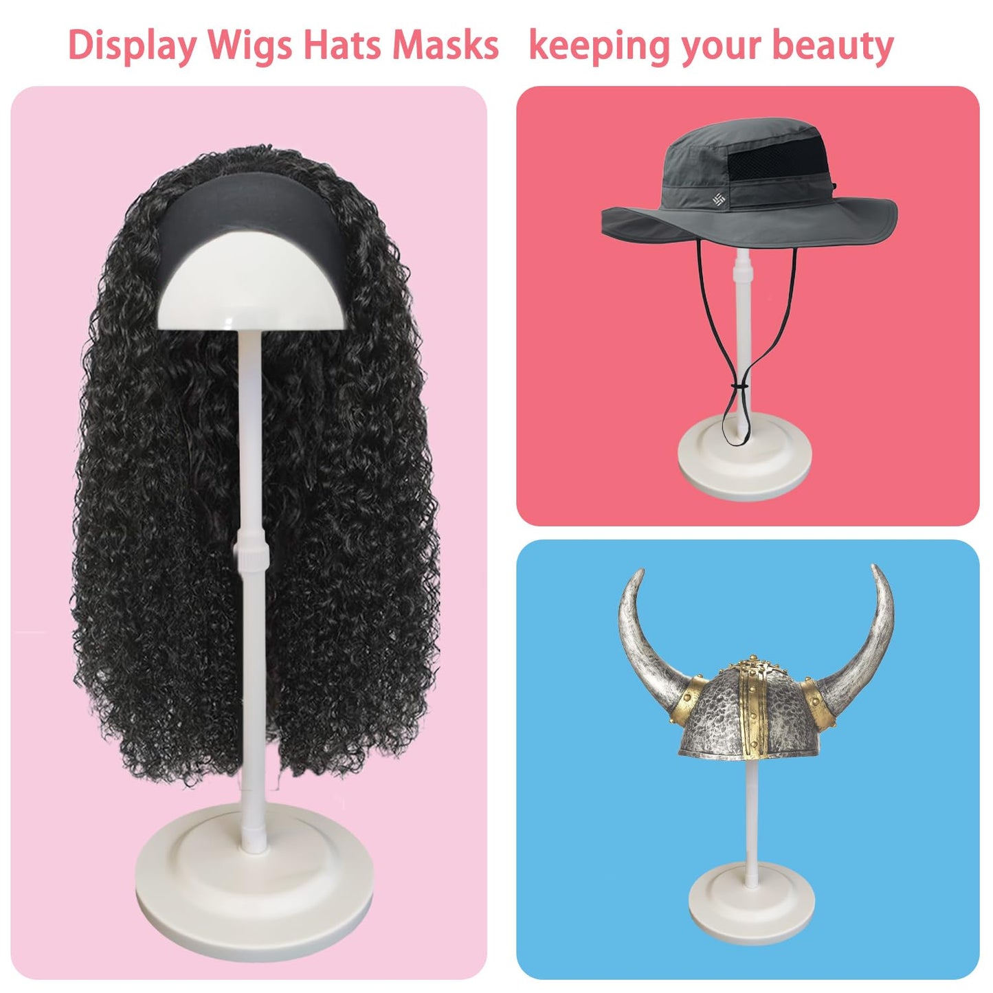 Wig Stand 1PC Adjustable Height White Plastic Wig Head Stand Portable Wig Holder Stands Non-Slip Wig Head Holders Sturdy for Multiple Wigs and Hats Styling Drying Display