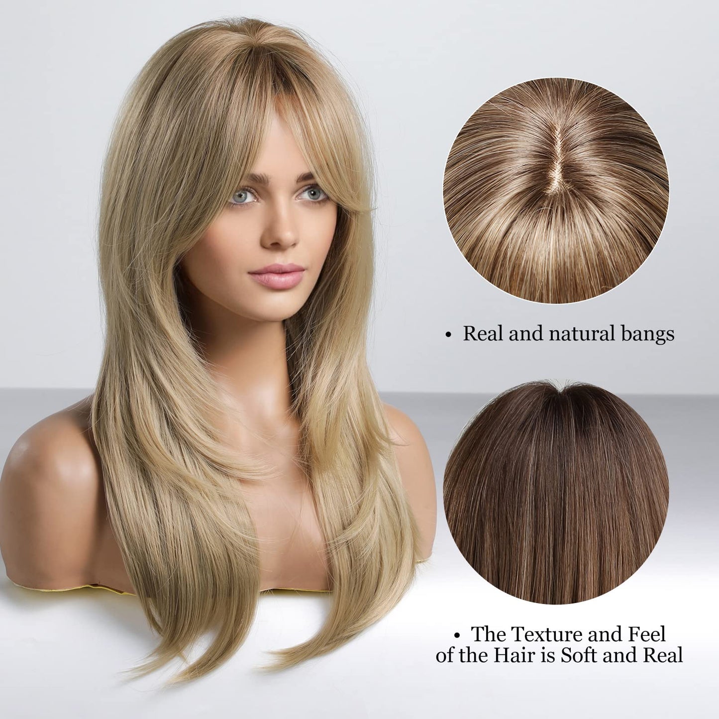 Alanhair Long Ash Blonde Wigs for Women,HAIRCUBE Layered Synthetic Wig with Bangs Heat Resistant Fiber Daily 24 Inch