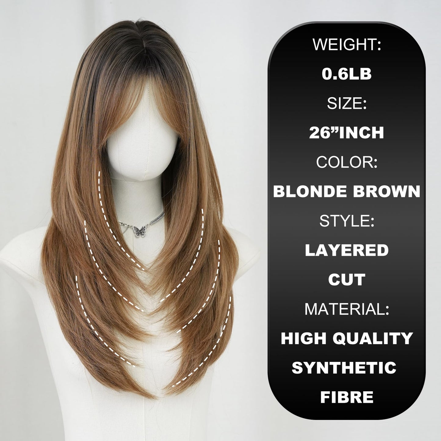 7JHH WIGS Long Blonde Brown Highlight Wig with Bangs for Women Heat Resistant Fiber 25 Inch Layered Synthetic Hair Wigs with Dark Roots for Daily Use