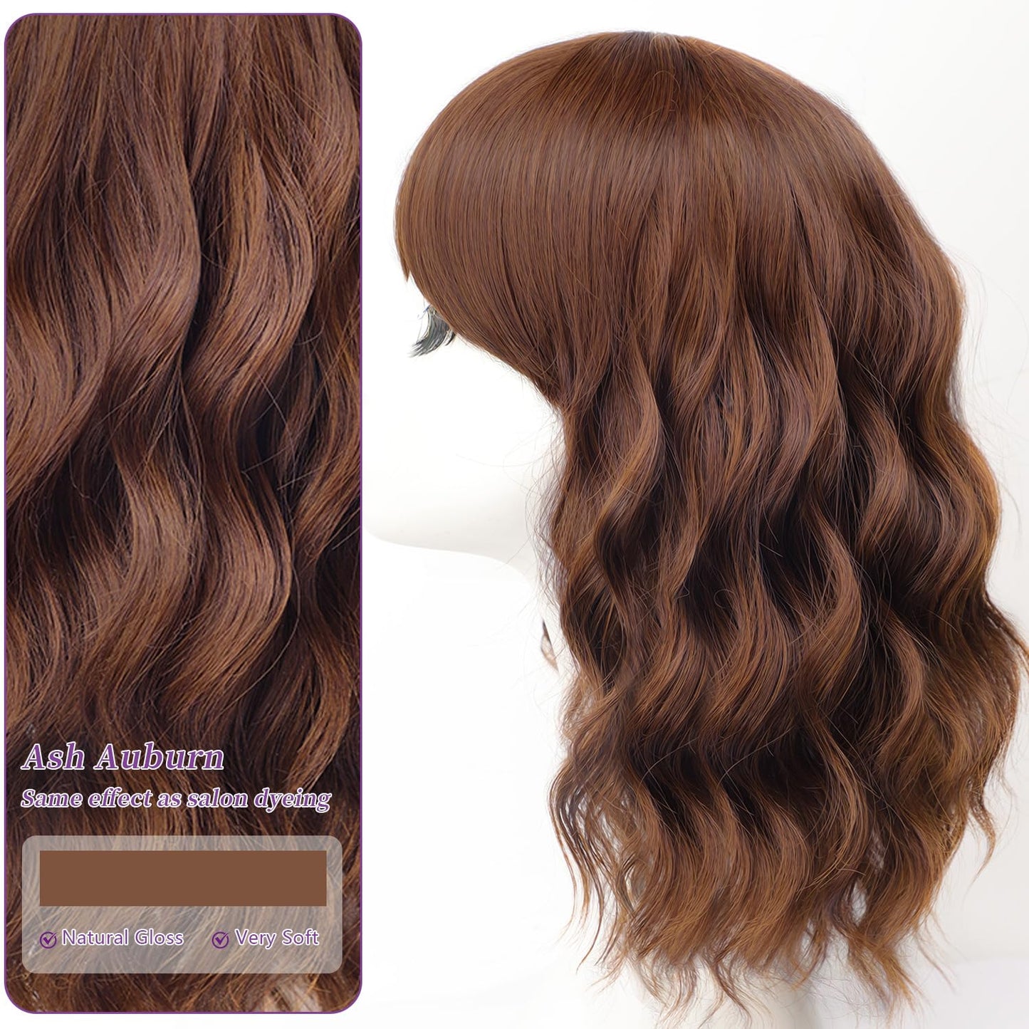 AISI HAIR Synthetic Wavy Curly Bob Wig with Bangs Ash Auburn Short Wavy Hair for Women Synthetic Heat Resistant Bob Wigs