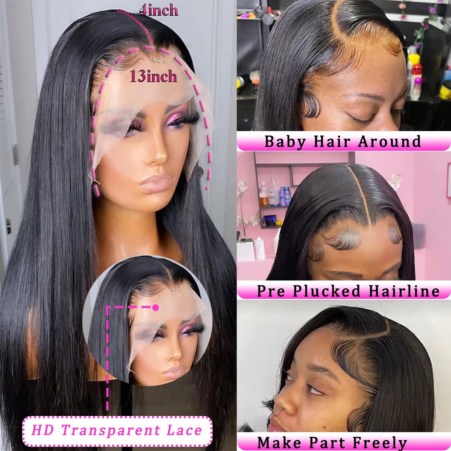 Straight Lace Front Wigs Human Hair 13x4 HD Transparent Lace Front Wigs for Black Women Glueless Brazilian Virgin Hair Lace Frontal Wig 180% Density Pre Plucked with Baby Hair Hairline