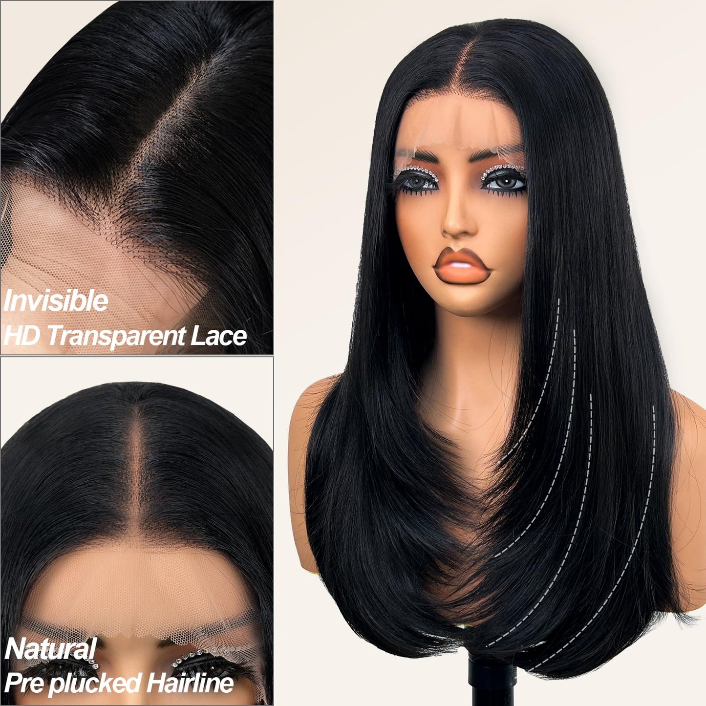 Glueless Synthetic Lace Front Wig 26 Inches Long Straight Black Wigs for Black Women 13x5x1 HD Lace Hand Tied Pre Plucked Hairline (#1B Natural Black, 26 Inch)