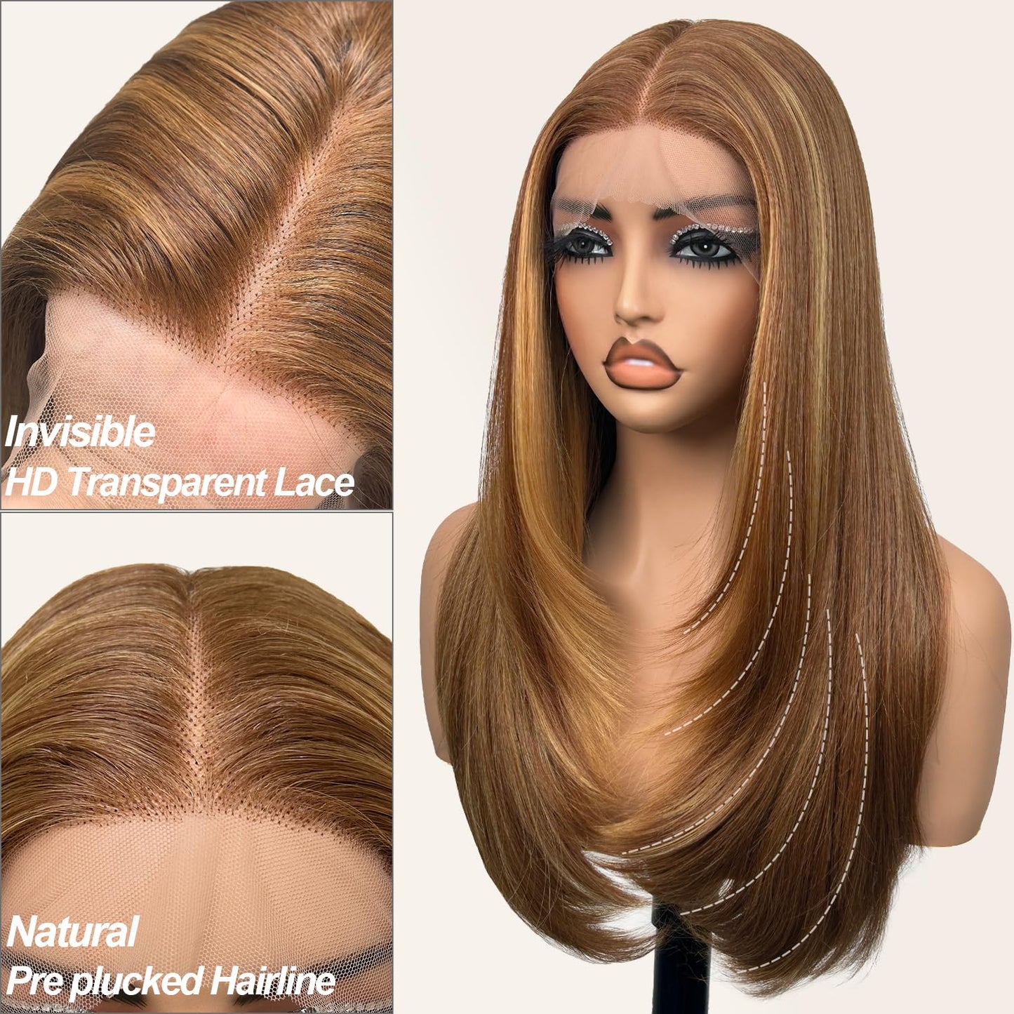 Glueless Synthetic Lace Front Wig 26 Inches Long Straight Honey Blonde Wigs for Black Women 13x5x1 HD Lace Hand Tied Pre Plucked Hairline (27/30 Honey Blonde, 26 Inch)