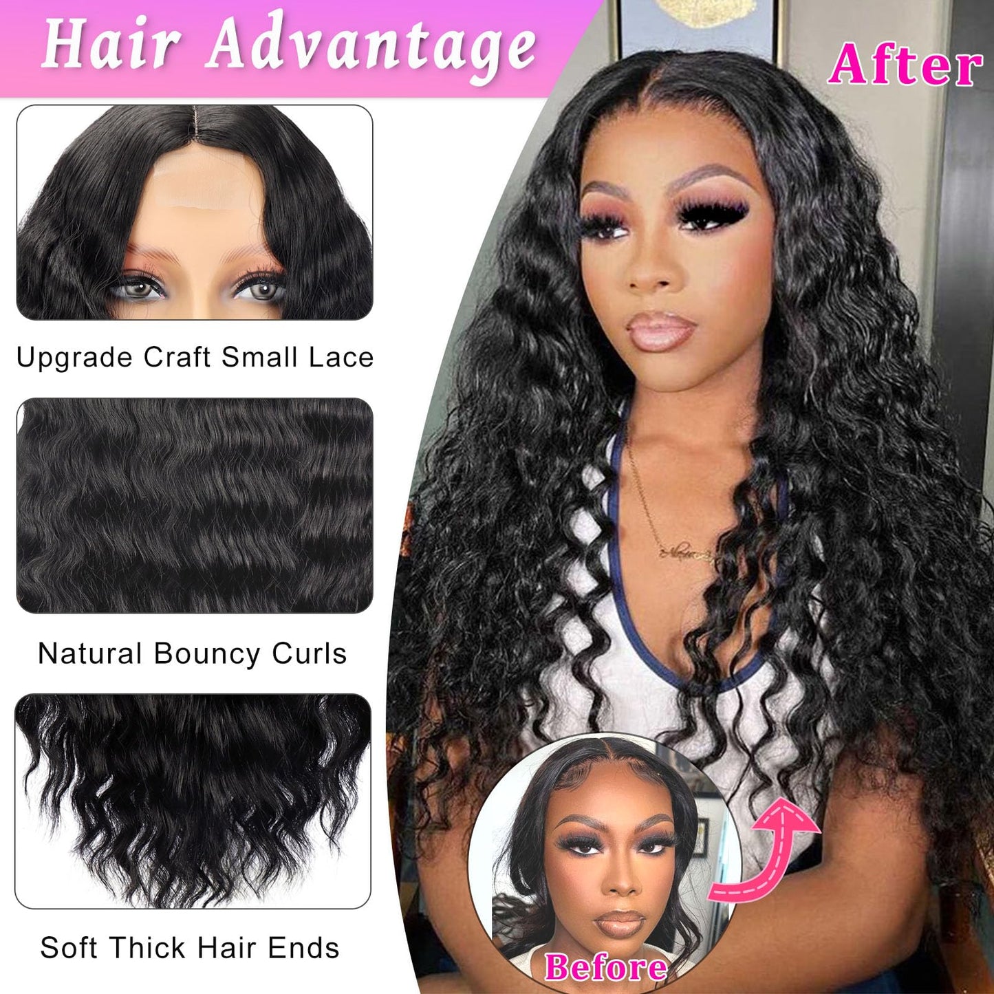 Mairead 28 Inch Long Curly Synthetic Lace Front Wigs for Black Women Loose Deep Wave Black Synthetic Wig Middle Part 4" Simulated Scalp Small Lace Front Wigs Natural Looking Crimps Curls Wig