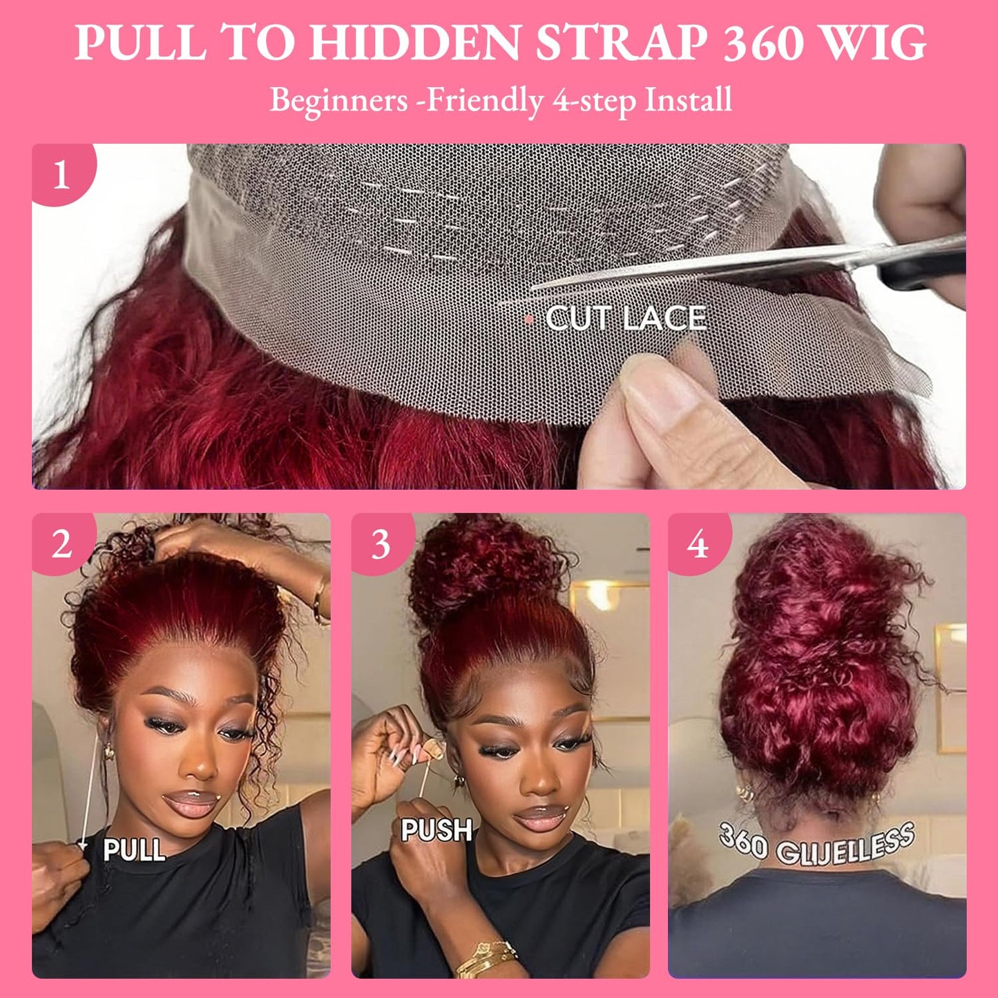 250 Density Hidden Strap Water Wave 360 99j Burgundy Glueless Wigs Human Hair Pre Plucked Pre Bleached Human Hair Wig With Drawstring Wet and Wavy HD Full Lace Front Wigs Human Hair 22 Inch