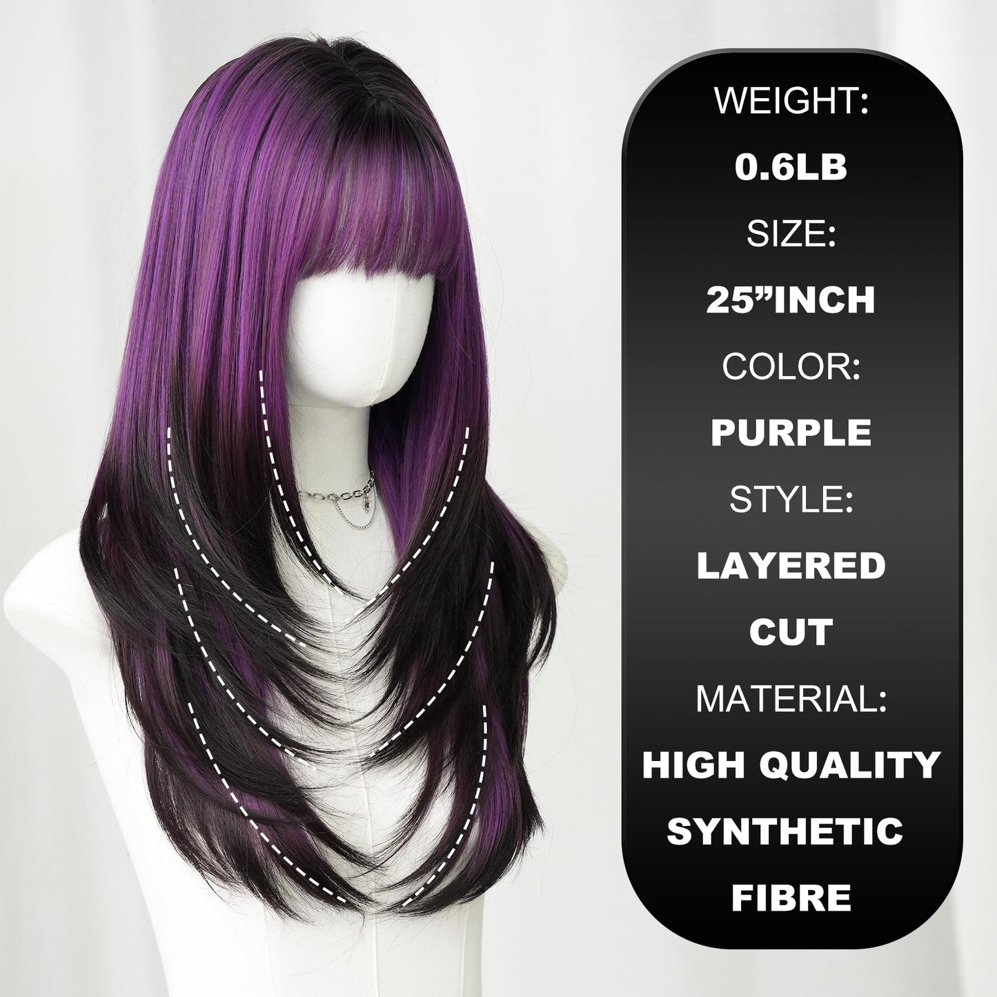 7JHH WIGS Long Straight Purple Synthetic Wig with Bangs 25inch Layered Hair Tail Dye Black Heart Resistant Synthetic Fiber Natural Looking Wigs for Women Party Cospaly and Daily Used