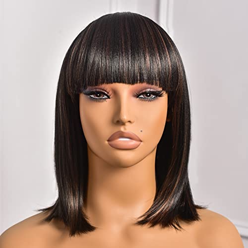 ToyoTress Black Mix Brown Bob Wigs With Bangs - 14 Inch Blunt Cut Bob Wig For Black Women Shoulder Length, Light Yaki Straight Hair Daily Costume Synthetic Hair Wigs(14 Inch, SP1B/30)